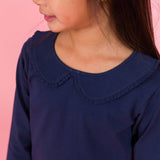 Girls Dark Navy Ruffle Peter Pan Collar Long Sleeve Knit Top