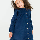 Girls Dark Navy Stretch Corduroy Ruffle Detail Dress