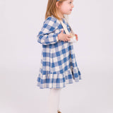 Girls Countryside Blue Plaid Long Sleeve Ruffle Hem Dress