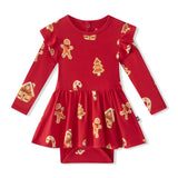 Long Sleeve Twirl Bodysuit Dress in Gingerbread