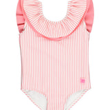 Bubblegum Pink Seersucker Scoopback Ruffle One Piece