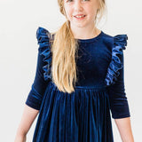 Navy Velvet Ruffle Twirl Dress