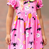 Boo! Pink Knit Halloween Print Swing Dress with Lime Green Ruffle Collar