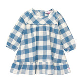 Girls Countryside Blue Plaid Long Sleeve Ruffle Hem Dress