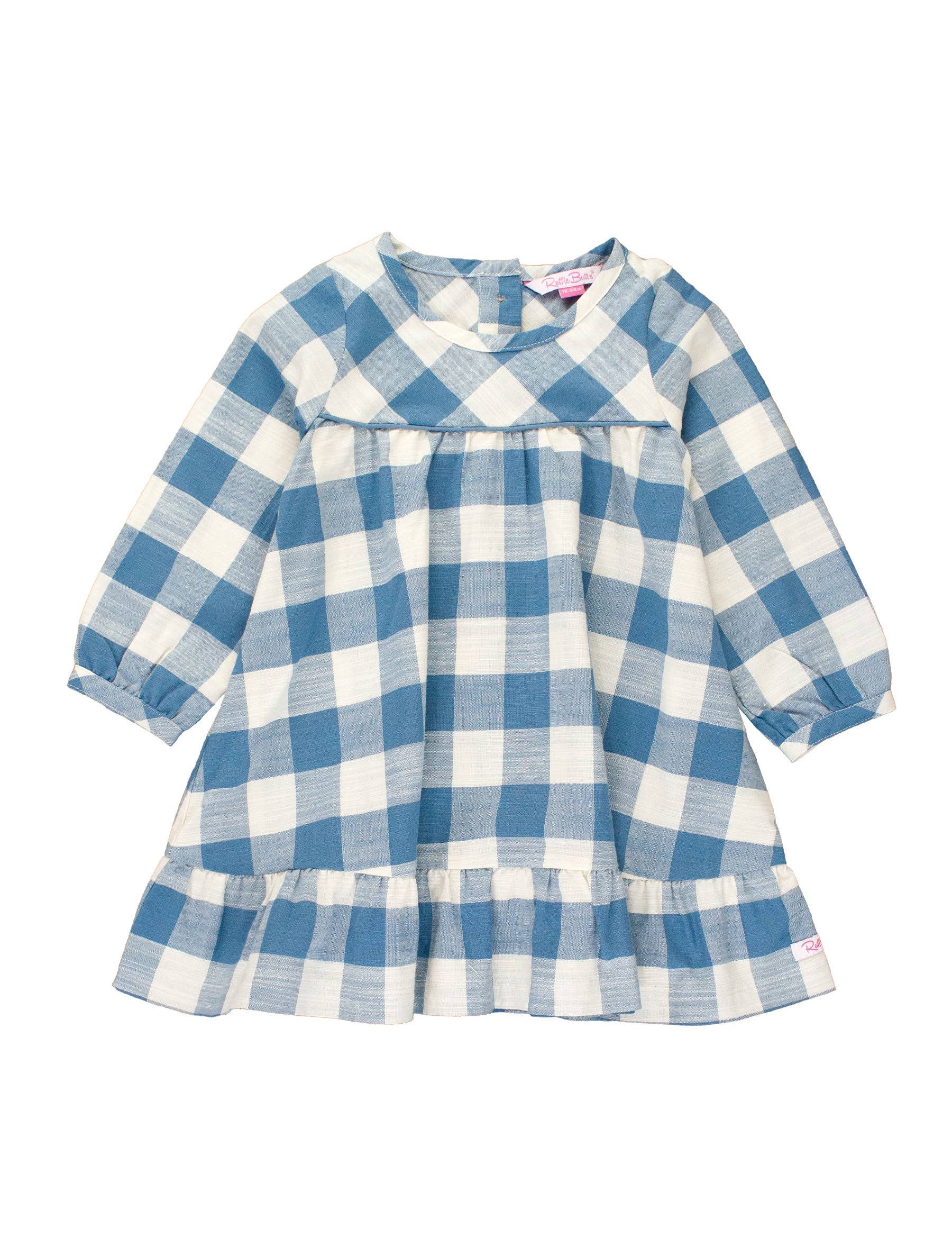 Girls Countryside Blue Plaid Long Sleeve Ruffle Hem Dress