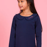 Girls Dark Navy Ruffle Peter Pan Collar Long Sleeve Knit Top