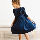 Navy Velvet Ruffle Twirl Dress