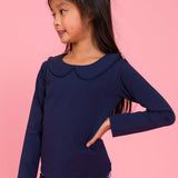 Girls Dark Navy Ruffle Peter Pan Collar Long Sleeve Knit Top