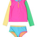 Tween Girls Neon Color Block Long Sleeve Zipper Rash Guard 2-Piece