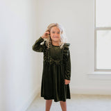 Kids Christmas Holiday Moss Velvet Bow Ruffle Dress