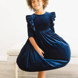 Navy Velvet Ruffle Twirl Dress