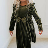 Kids Christmas Holiday Moss Velvet Bow Ruffle Dress