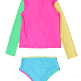 Tween Girls Neon Color Block Long Sleeve Zipper Rash Guard 2-Piece