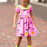 Boo! Pink Knit Halloween Print Swing Dress with Lime Green Ruffle Collar