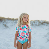 Kids Teal Gingham & Floral Rash Guard Ruffle Swimsuit