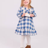 Girls Countryside Blue Plaid Long Sleeve Ruffle Hem Dress