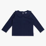 Girls Dark Navy Ruffle Peter Pan Collar Long Sleeve Knit Top