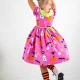 Boo! Pink Knit Halloween Print Swing Dress with Lime Green Ruffle Collar