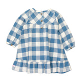 Girls Countryside Blue Plaid Long Sleeve Ruffle Hem Dress