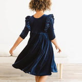 Navy Velvet Ruffle Twirl Dress