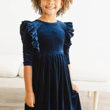 Navy Velvet Ruffle Twirl Dress