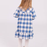 Girls Countryside Blue Plaid Long Sleeve Ruffle Hem Dress