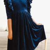 Navy Velvet Ruffle Twirl Dress