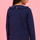 Girls Dark Navy Ruffle Peter Pan Collar Long Sleeve Knit Top