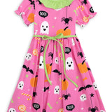 Boo! Pink Knit Halloween Print Swing Dress with Lime Green Ruffle Collar