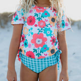 Kids Teal Gingham & Floral Rash Guard Ruffle Swimsuit