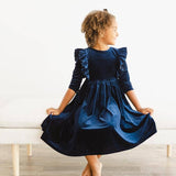 Navy Velvet Ruffle Twirl Dress