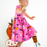 Boo! Pink Knit Halloween Print Swing Dress with Lime Green Ruffle Collar