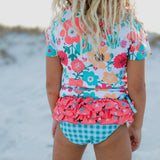 Kids Teal Gingham & Floral Rash Guard Ruffle Swimsuit