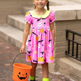 Boo! Pink Knit Halloween Print Swing Dress with Lime Green Ruffle Collar