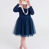 Girls Dark Navy Long Sleeve Tulle Twirl Dress