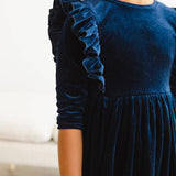 Navy Velvet Ruffle Twirl Dress